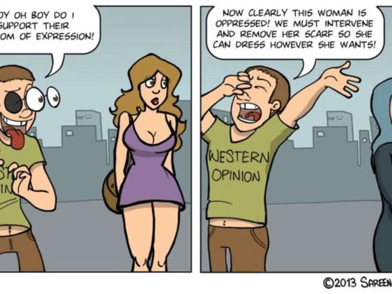 Hilarious artist Sareen exposes Western stereotypes over Muslim women in one simple comic. (2/3 of comic - courtesy of Ink on the side)