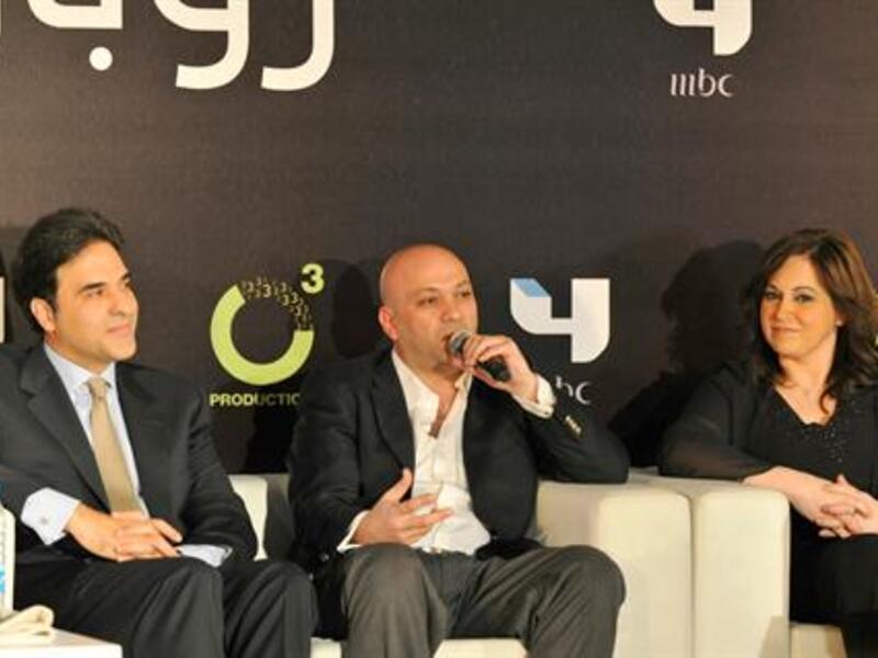 Adib Khair, center, with scriptwriter Claudia Marchalian, right, at a news conference for “Ruby” at MBC4 studios, last February.