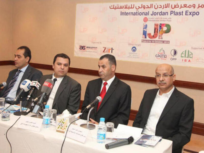 Jordanian and Egyptian plastic manufacturers talk about the International Jordan Plastic Exhibition during a press conference in Amman on Wednesday (Petra photo)