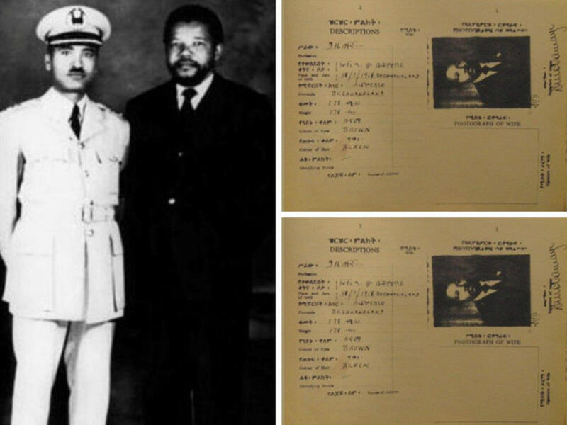 Nelson Mandela with Gen. Tadesse Beru (Left). In 1962, Mandela was issued an Ethiopian passport under the name David Motsamayi, which he used on his tour of several African countries. [Nazret.com]