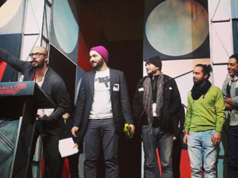 Mohamed Hamdy and Karim Amer at the awards ceremony (Photo: Sundance Film Festival Facebook Page)