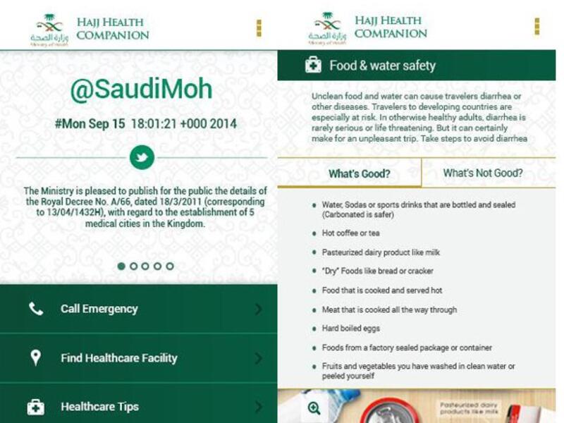 تطبيق المرافق الصحي للحاج: يمكن هذا التطبيق المستخدم من الحصول على النصائح الصحية الضرورية. كما أنه يوفر خدمة الاتصال الفورية بضباط الإسعاف أو المسؤول عن الرعاية الصحية. يسهل على المستخدم الوصول إلى أقرب مرفق صحي في مكة والمدينة والمشاعر المقدسة.
