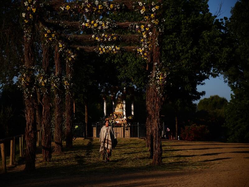 A pilgrim walks by an effigy of a Virgin near the Quema river in Villamanrique, during a pilgrimage to the village of El Rocio. CRISTINA QUICLER / AFP