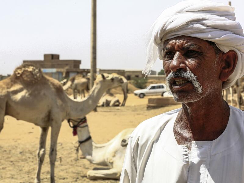 A camel trader gives an interview at El-Molih camel market west of the Sudanese capital's twin city of Omdurman  ASHRAF SHAZLY / AFP