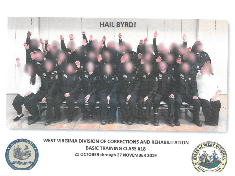 This photo, released by West Virginia state officials, depicts most of a training class of roughly 30 correctional officers giving the Nazi salute.