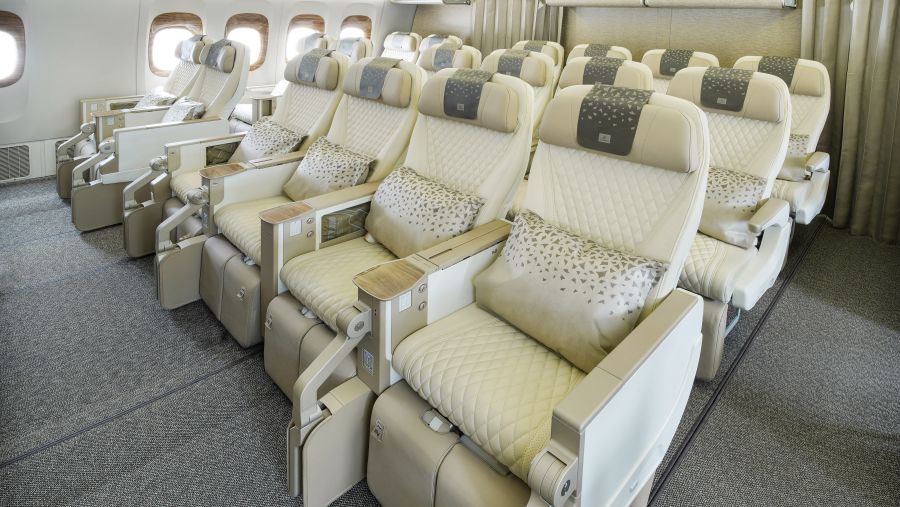 Emirates' first retrofitted 777 aircraft featuring its latest cabin interiors takes off to Geneva