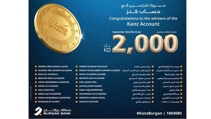 بنك برقان يعلن عن أسماء الفائزين في السحب الشهري لحساب كنز