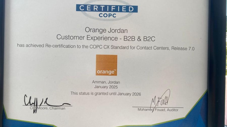 Orange Jordan Continues Its Global Leadership in Customer Service with COPC Certification Renewal for the Sixth Consecutive Year