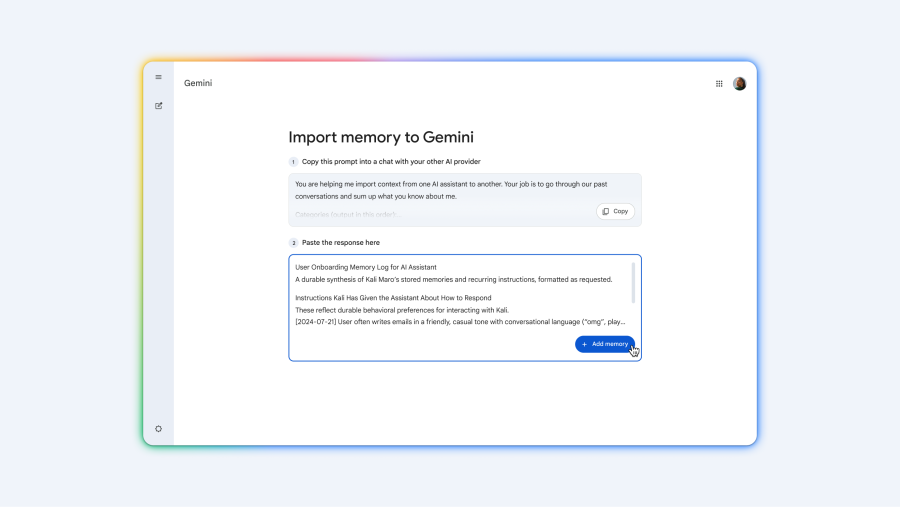 Google توفّر طريقة لنقل الذاكرة وسجلّ المحادثات من تطبيقات أخرى مباشرةً إلى Gemini