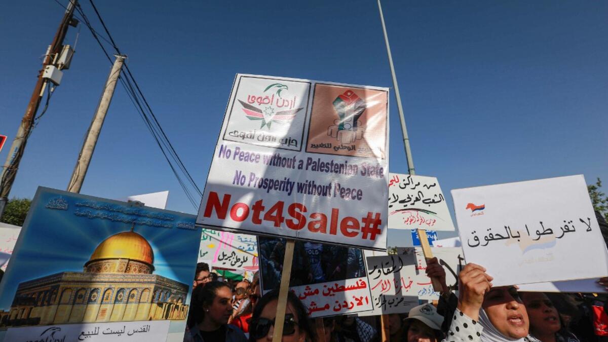 Protesters march with signs showing the Dome of the Rock and reading in  Arabic (L to R) "Jerusalem is not for sale" and "do not give up rights" during t he "March of Anger" leading to the US Embassy in the Jordanian capital Amman on June 21, 2019. Khalil MAZRAAWI / AFP