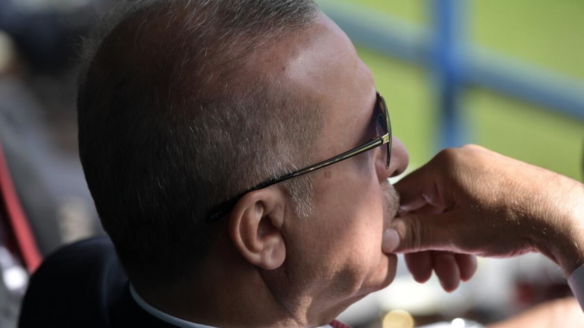 Turkish President Recep Tayyip Erdogan watches an air show during the MAKS-2019 International Aviation and Space Salon opening ceremony in Zhukovsky outside Moscow on August 27, 2019.  Alexey NIKOLSKY / SPUTNIK / AFP
