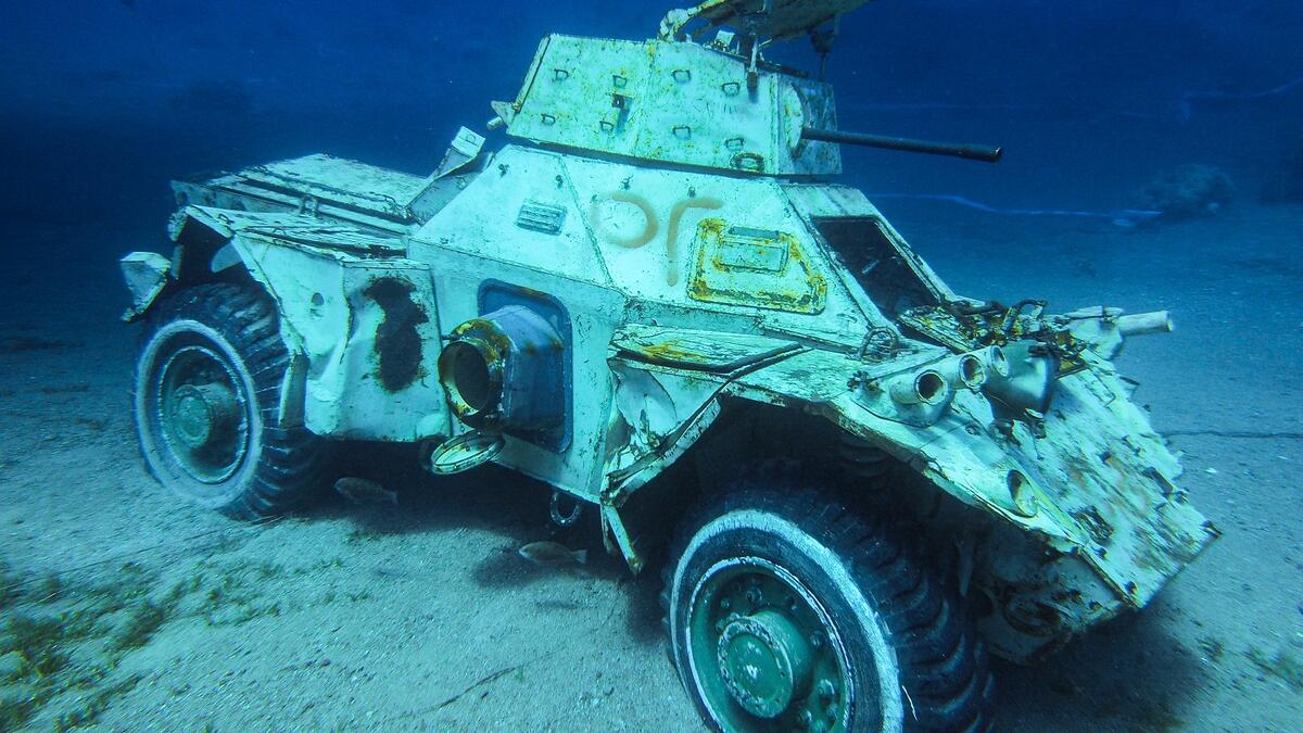 An armoured vehicle sits amid the clear waters: the museum plans to submerge further attractions in the future for divers to explore. "Placing these military vehicles in this location will allow coral reefs, corals as well as marine life - including fish, to find a safe sanctuary," says Abdullah Abu Awali, manager of the shorelines. (Aqaba Special Economic Zone Authority/AFP)