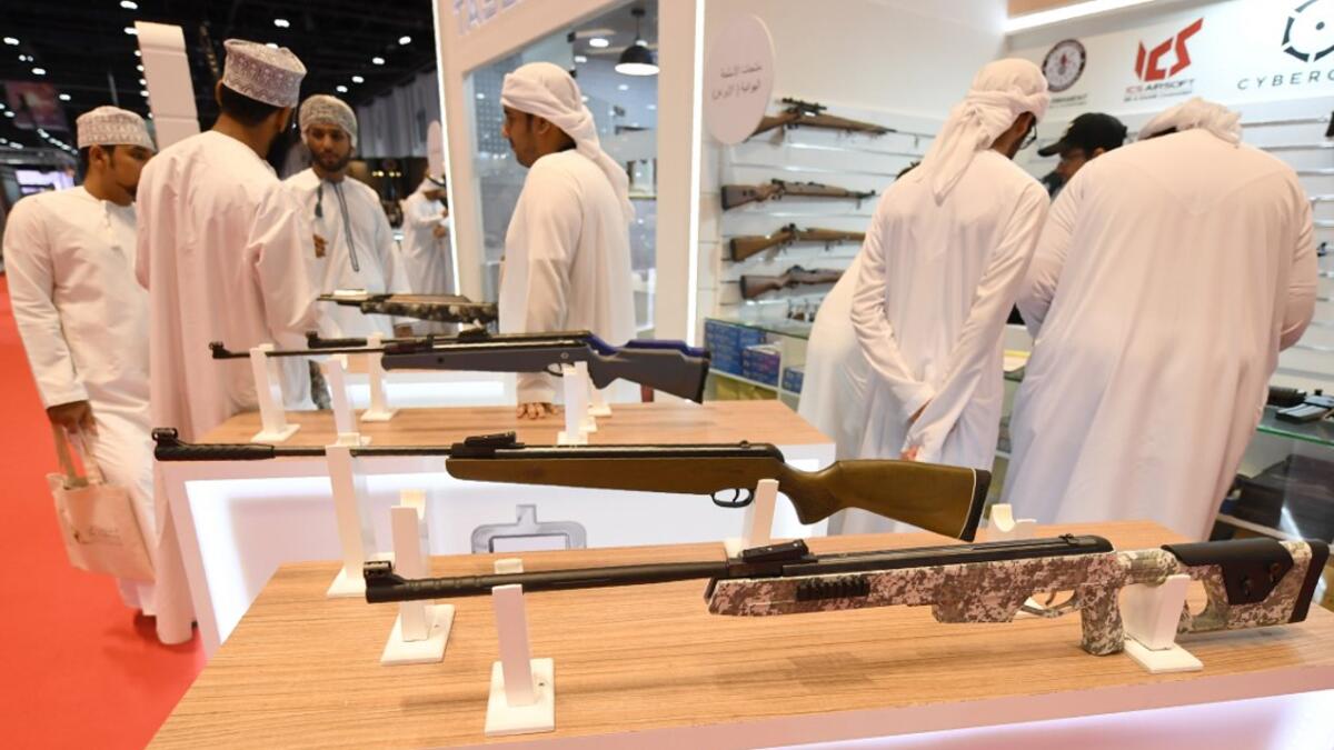 This picture taken on August 31, 2019 shows bolt action rifles on display during the Abu Dhabi International Hunting and Equestrian exhibition (ADIHEX) in the UAE capital Abu Dhabi.  KARIM SAHIB / AFP