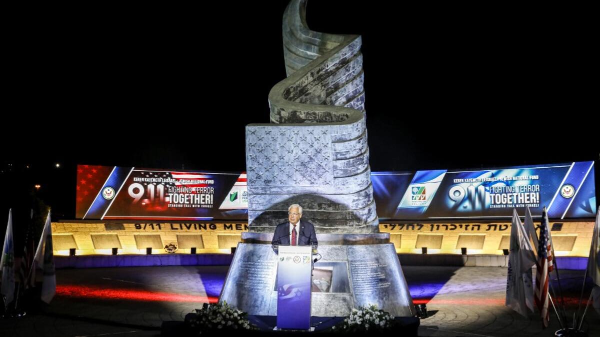 US ambassador to Israel David Friedman gives a speech during a ceremony commemorating the eve of the 18th anniversary of the September 11, 2001 terror attacks in New York City, at the 9/11 Living Memorial Plaza on a hill overlooking Jerusalem AHMAD GHARABLI / AFP