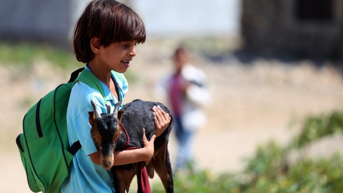 School children attend an open-air class under a tree near their unfiniA Yemeni school boy holds his goat as he arrives to attend an open-air class at a unfinished school in the southwestern Yemeni village of al-Kashar Ahmad AL-BASHA / AFP