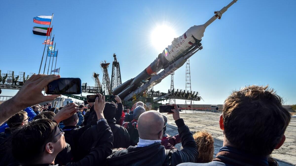 The Soyuz booster rocket FG with Soyuz MS-15 spacecraft is mounted on the launch pad at the Russian-leased Baikonur cosmodrome in Kazakhstan on September 23, 2019. Vyacheslav OSELEDKO / AFP