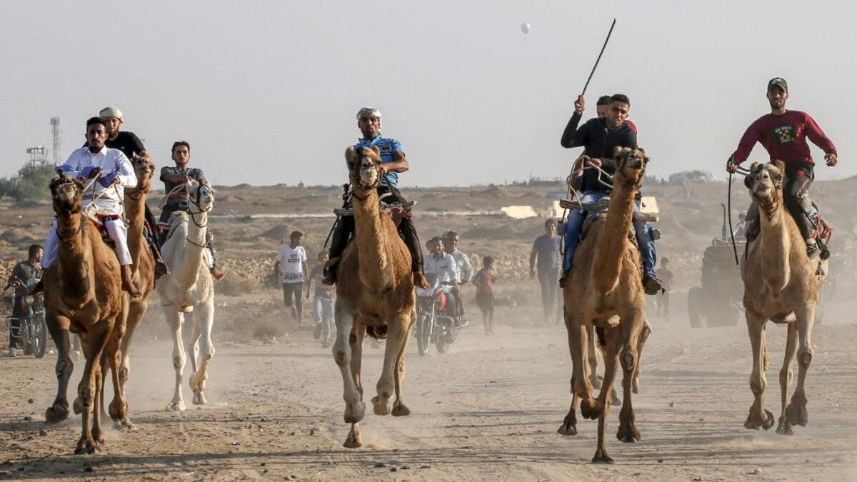 Palestinian jockeys compete during a local camel race held at the destroyed Gaza airport, in Rafah in the southern Gaza Strip on October 20, 2019. SAID KHATIB / AFP
