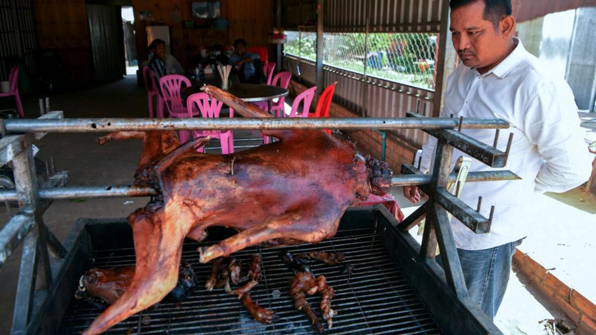 This photo taken on October 26, 2019 shows a man looking at a grilled dog at a restaurant in Kampong Cham province. Cambodian dog meat traders drown, strangle and stab thousands of canines a day in a shadowy but sprawling business that traumatises workers and exposes them to deadly health risks like rabies. TANG CHHIN Sothy / AFP