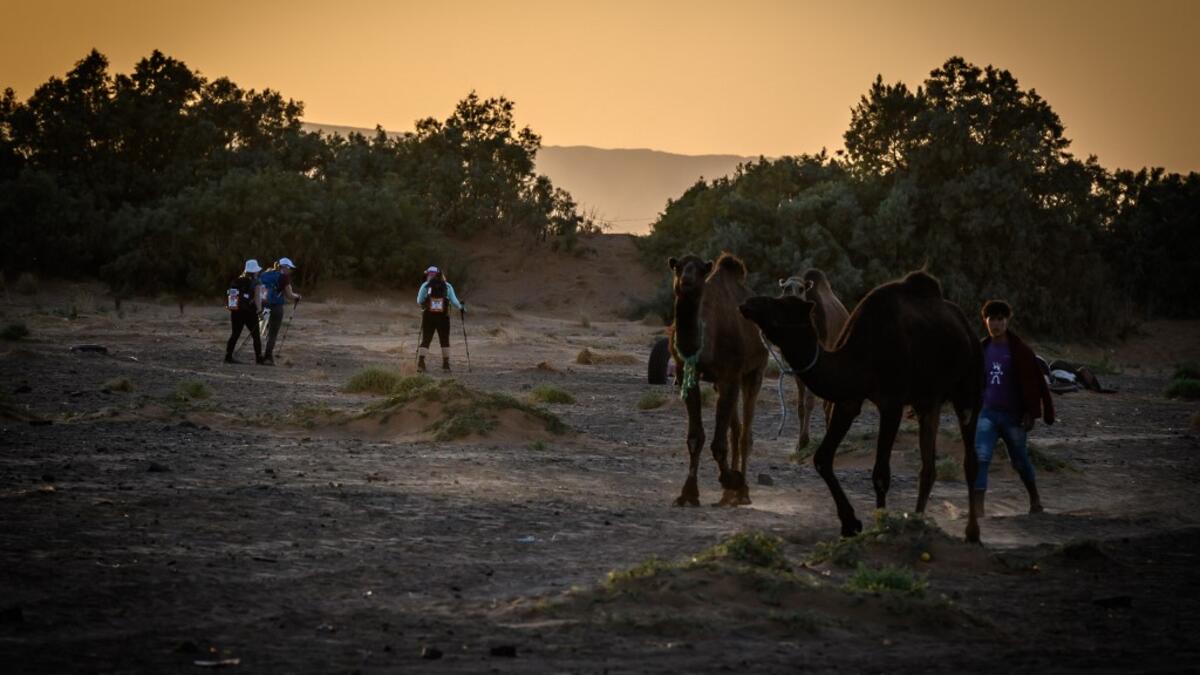 Women take part in the desert trek "Rose Trip Maroc", on November 3, 2019 in the erg Chebbi near Merzouga. The Rose Trip Maroc is a female-oriented trek where teams of three must travel through the southern Moroccan Sahara desert with a compass, a map and a topographical reporter. JEAN-PHILIPPE KSIAZEK / AFP