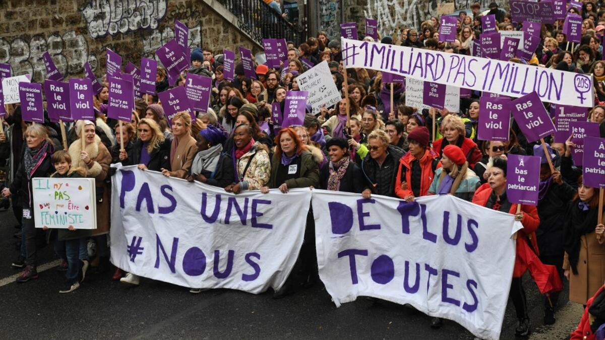 French actress Alexandra Lamy, French actress Julie Gayet, French actress Nadege Beausson Diagne, French director and actress Eva Darlan, French senator and former minister Laurence Rossignol, French humorist and activist Muriel Robin, French actress Anne Le Nen and French artist Orlan take part in a protest to condemn violence against women, on November 23, 2019, in Paris. Alain JOCARD / AFP