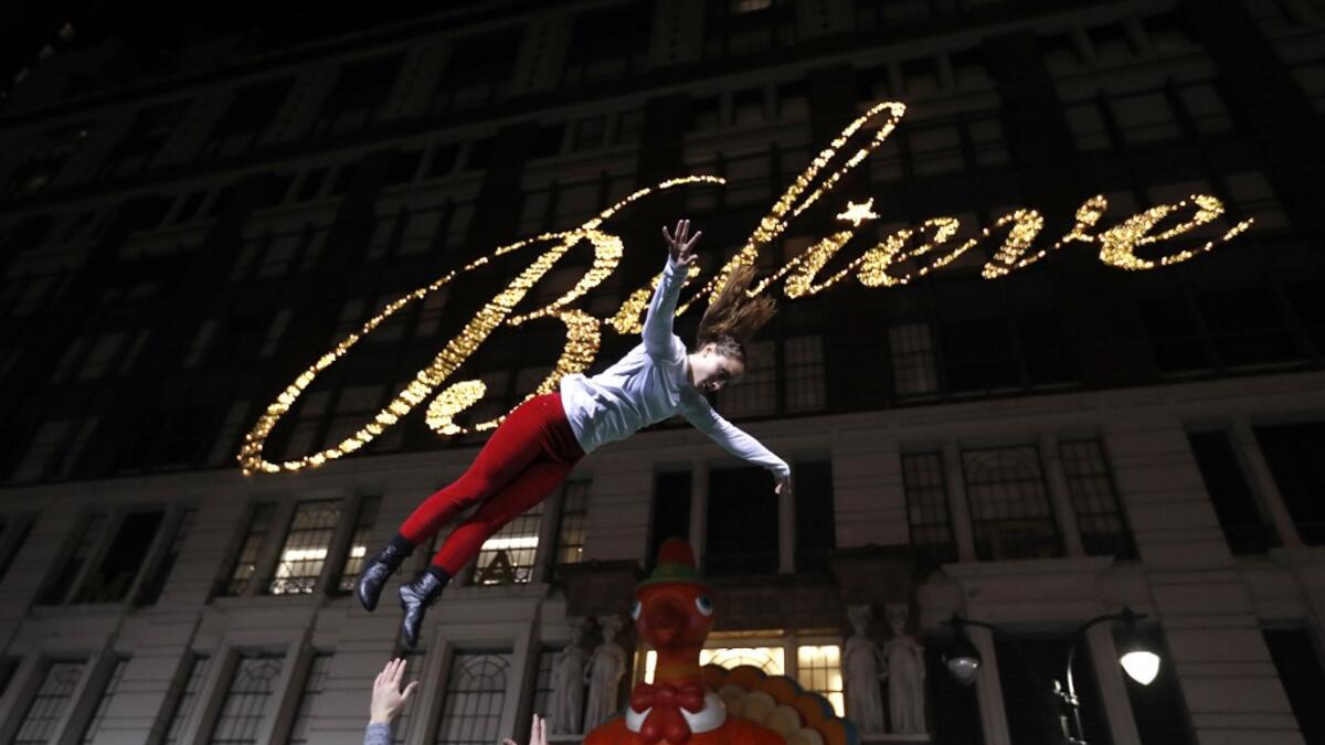 Performers from the Gamma Phi Circus exhibit their acts during the 93rd Annual Macy's Thanksgiving Day Parade rehearsals at Macy's Herald Square on November 26, 2019 in New York City. John Lamparski/Getty Images/AFP