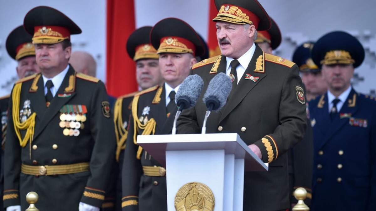 Belarus' President Alexander Lukashenko gives a speech during a military parade to mark the 75th anniversary of the Soviet Union's victory over Nazi Germany in World War Two, Minsk, May 9, 2020. Sergei GAPON / POOL / AFP