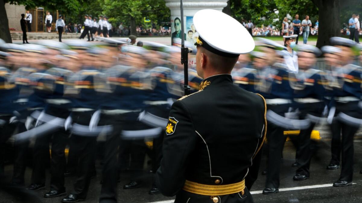 Sailors march during a military parade, which marks the 75th anniversary of the Soviet victory over Nazi Germany in World War Two, in Sevastopol, Crimea, on June 24, 2020. STR / AFP