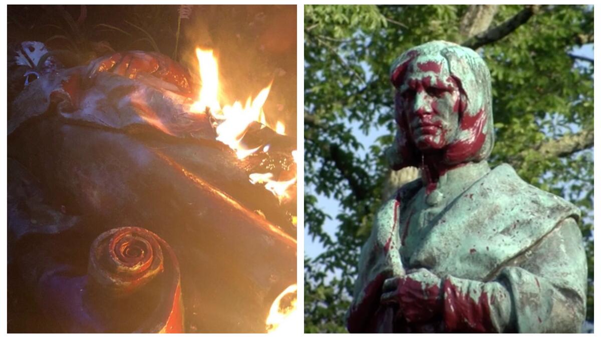 فرجينيا - أمريكا: حطم متظاهرون غاضبون تمثال المستكشف الإيطالي "كريستوفر كولومبوس" وحرقوه ورموه في البحيرة، بعد اتهامه بإبادة ملايين الهنود الحمر من السكان الأصليين وقتل وتجويع النساء والأطفال وتحويل البقية لرقيق لبيعهم في أوروبا.