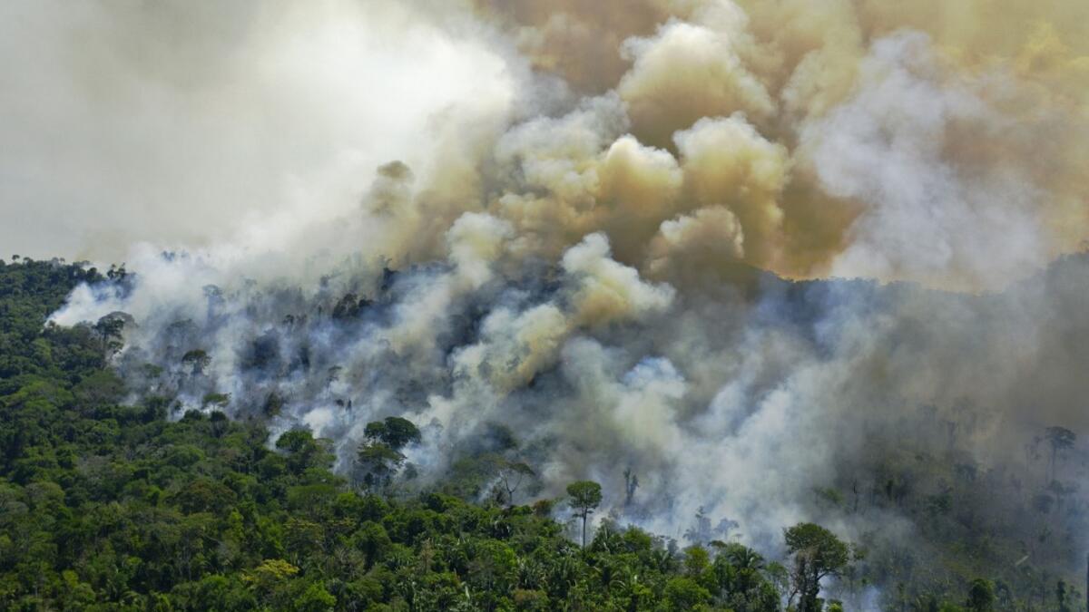 Aerial view of a burning area of Amazon rainforest reserve, south of Novo Progresso in Para state, on August 16, 2020. CARL DE SOUZA / AFP