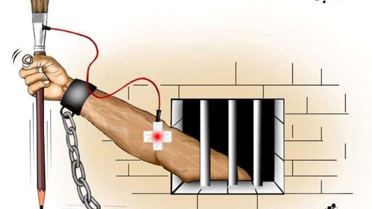 Cartoonists denounce the arrest of Emad Hajjaj through Art. (Mousa Ajjawi/ Twitter)