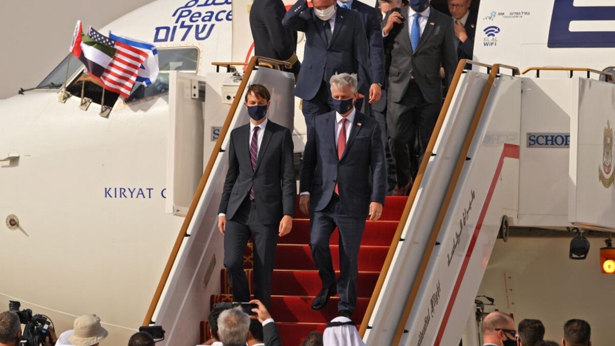 A US-Israeli delegation including White House advisor Jared Kushner took off on a historic first direct commercial flight from Tel Aviv to Abu Dhabi to mark the normalisation of ties between the Jewish state and the UAE. KARIM SAHIB / AFP