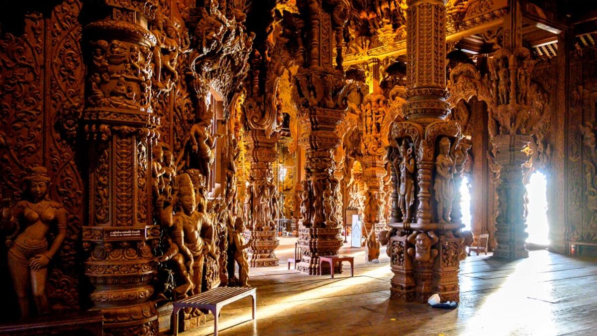 This photograph taken on September 1, 2020 shows the interior of the all wooden Sanctuary of Truth Hindu-Buddhist temple and museum in Pattaya. Mladen ANTONOV / AFP