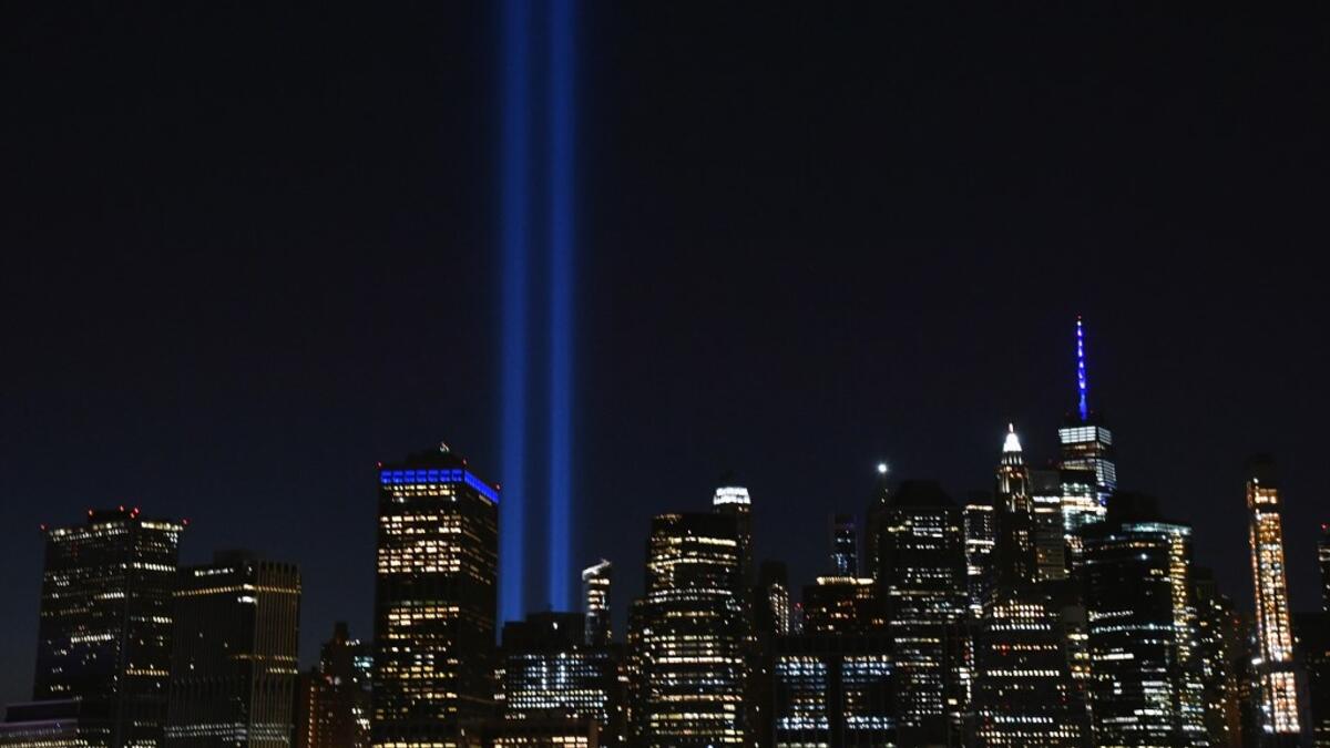 The Tribute in Light art installation shines into the sky over Manhattan on September 11, 2020 in New York to mark the 19th anniversary of the 9/11 attacks. Angela Weiss / AFP