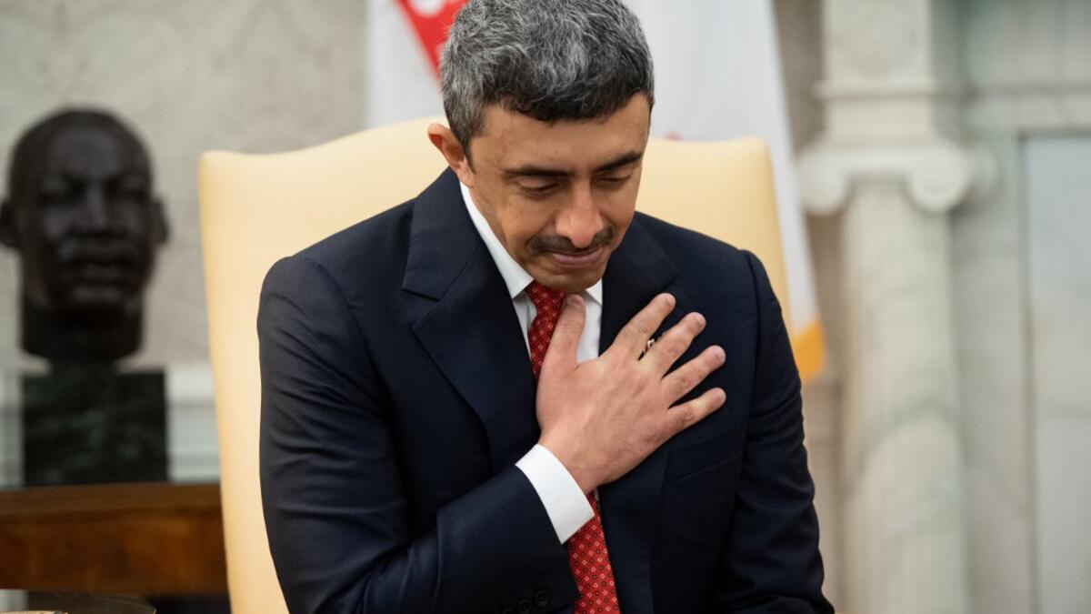 Foreign Minister Abdullah bin Zayed Al-Nahyan of the United Arab Emirates acknowledges US President Donald Trump during a meeting in the Oval Office of the White House in Washington, DC, September 15, 2020, prior to the signing of the Abraham Accords, where Bahrain and the United Arab Emirates will recognize Israel.