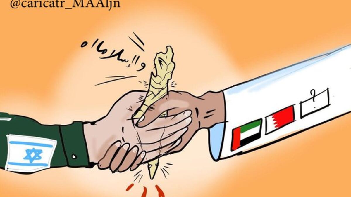 Cartoonists denounce the Abraham Accord signed by UAE and Bahrain with Israel. (@caricatr_MAAljn/ Twitter)