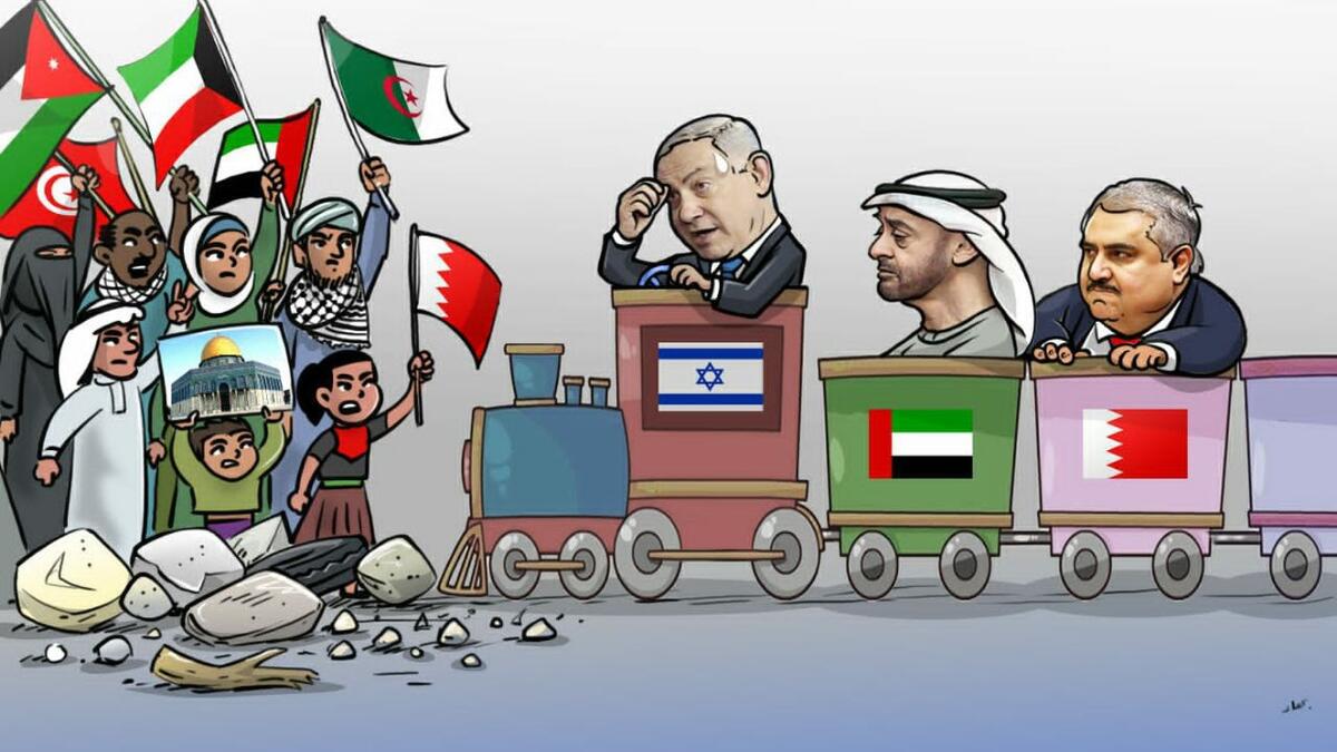 Cartoonists denounce the Abraham Accord signed by UAE and Bahrain with Israel. (Twitter)