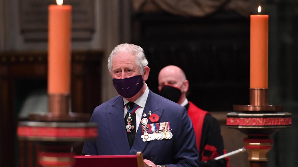 Britain's Prince Charles, Prince of Wales speaks at a service to commemorate the centenary of the burial of the Unknown warrior at Westminster Abbey on Armistice day in London on November 11, 2020. Jeremy Selwyn / POOL / AFP