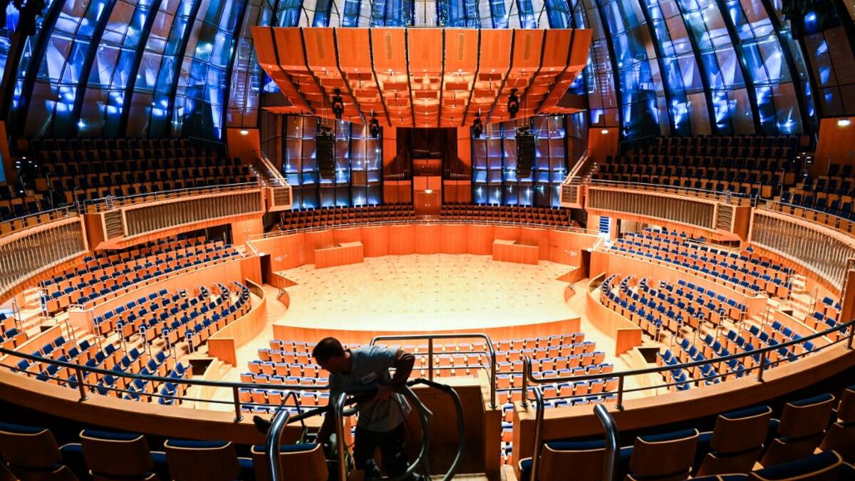 A picture taken on November 20, 2020 shows empty seats at the Tonhalle concert hall in Duesseldorf, western Germany. The Tonhalle Duesseldorf was constructed in 1925/1926 as a multipurpose hall with the name Rheinhalle and was originally designed to be used as a planetarium. In the 1970s it was rebuilt and now offers seating for 1854 spectatorts. No public events will take place at theaters until December, 2020 to limit the spread of the novel coronavirus. Ina FASSBENDER / AFP