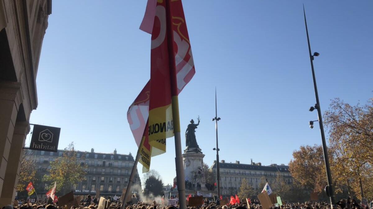Massive crowd at Place de la République in Paris to protest Macron’s clampdown on civil liberties & proposed legislation that would criminalize filming of law enforcement. (Twitter)