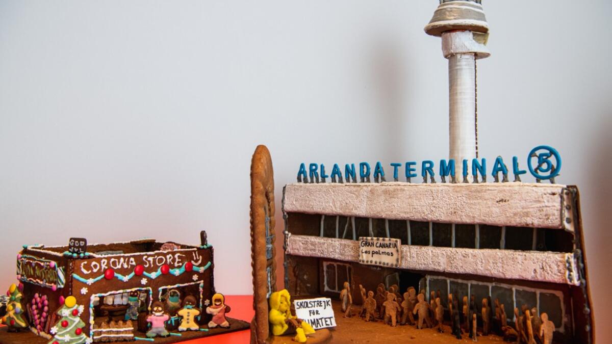 A gingerbread model with the shape of Swedish climate activist Greta Thunberg, is pictured at the ArkDes, Sweden’s national centre for architecture and design, during this year's Gingerbread House 2020 competition with the theme 'Distance', on December 7, 2020 in Stockholm, Sweden.Jonathan NACKSTRAND / AFP
