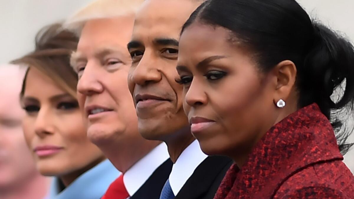 AFP presents a retrospective photo package of 60 pictures marking the 4-year presidency of President Trump. L-R: First Lady Melania Trump, President Donald Trump,former President Barack Obama, Michelle Obama at the US Capitol after inauguration ceremonies at the in Washington, DC, on January 20, 2017. JIM WATSON / AFP