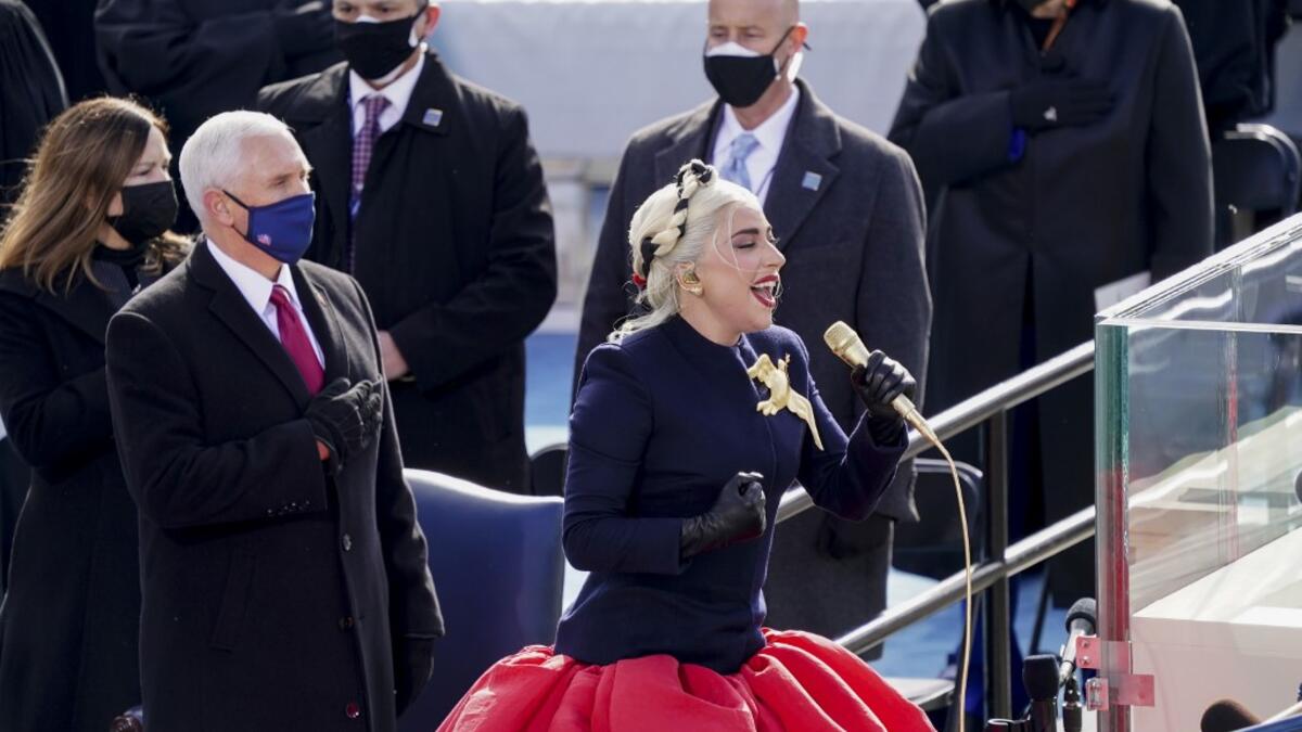 Lady Gaga sings during the inauguration on the West Front of the U.S. Capitol on January 20, 2021 in Washington, DC. During today's inauguration ceremony Joe Biden becomes the 46th president of the United States. Kevin Dietsch-Pool/Getty Images/AFP