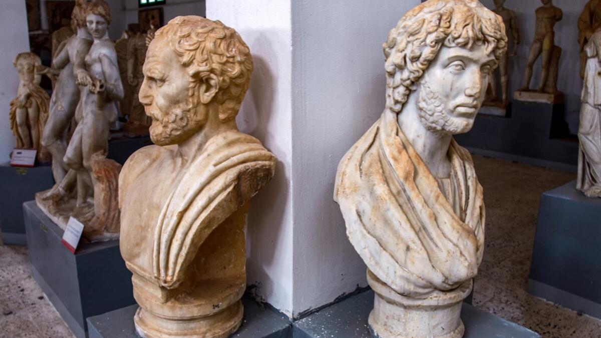 a view of busts from the Temple of Apollo on display at the Cyrene Museum which houses Greco-Roman artefacts