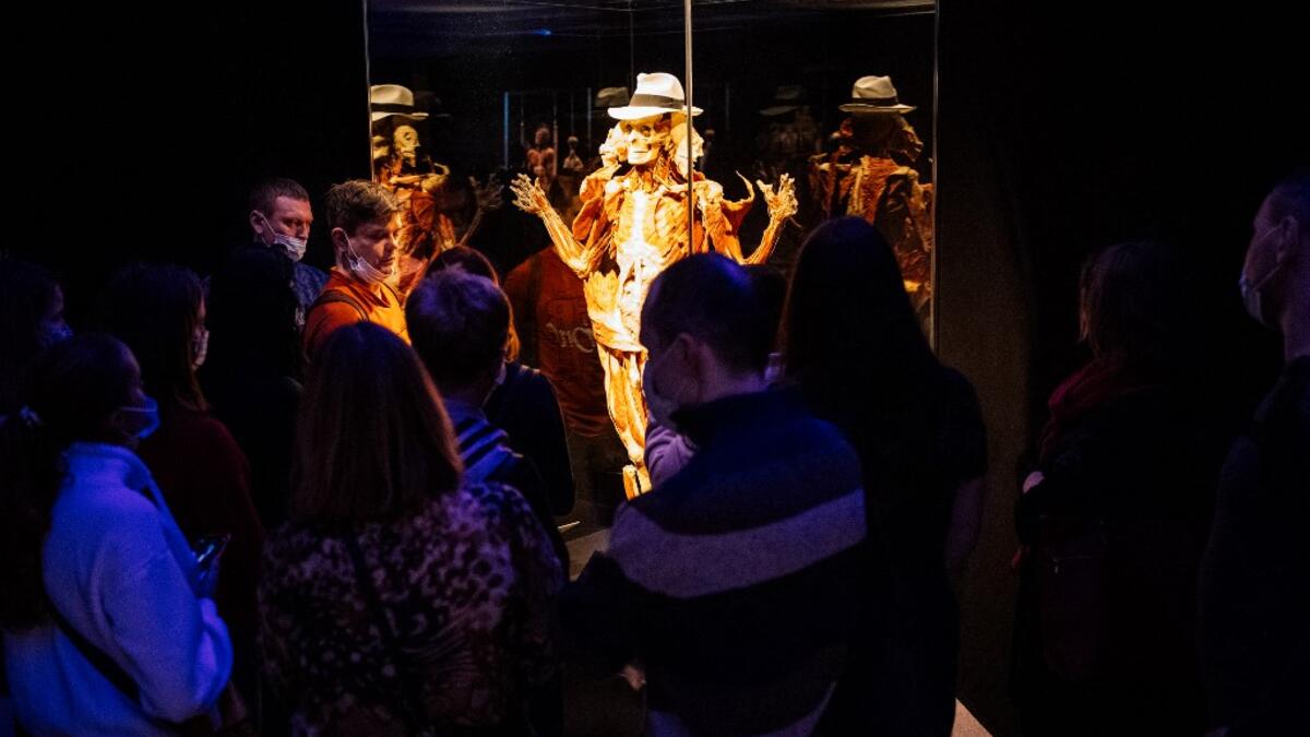 People visit the "Body Worlds", the anatomical art exhibition of plastinated human bodies