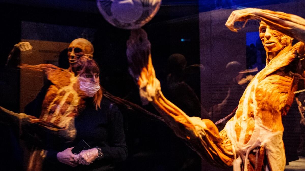 People visit the "Body Worlds", the anatomical art exhibition of plastinated human bodies