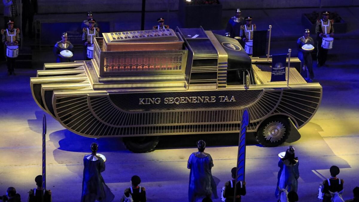 The carriage carrying the mummy of Pharaoh Seqenenre Tao II (1558–1555 BC) advances as part of the parade of 22 ancient Egyptian royal mummies