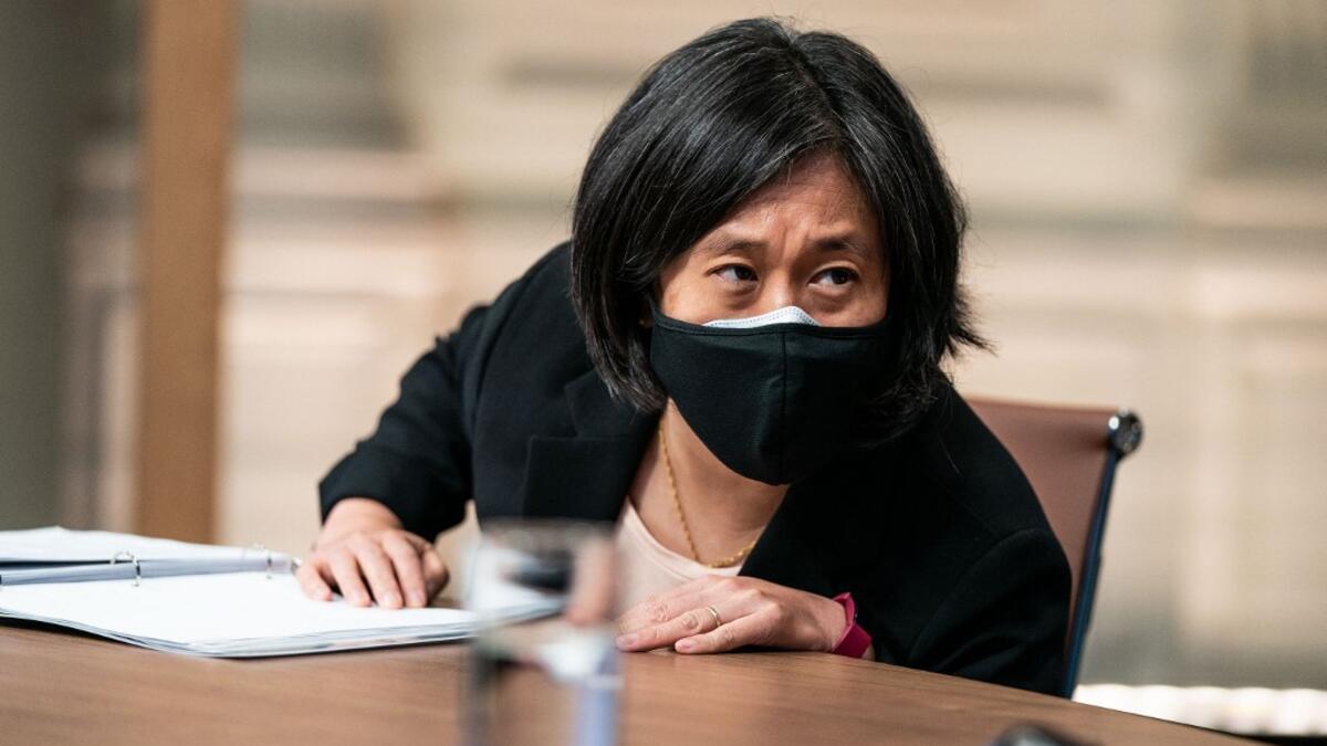 Trade Representative Katherine Tai waits for the beginning of day 2 of the virtual Leaders Summit on Climate at the East Room