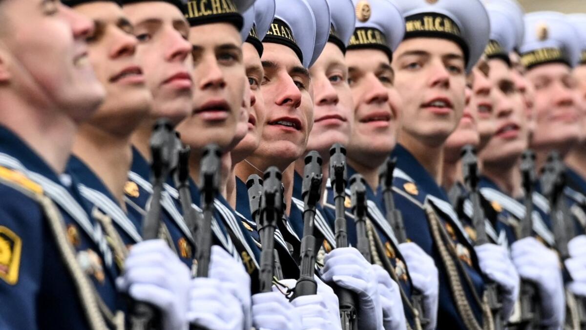 Russian sailors march along Red Square during the Victory Day military parade in Moscow on May 9, 2021. Russia celebrates the 76th anniversary of the victory over Nazi Germany during World War II. Russia celebrates the 76th anniversary of the victory over Nazi Germany during World War II
