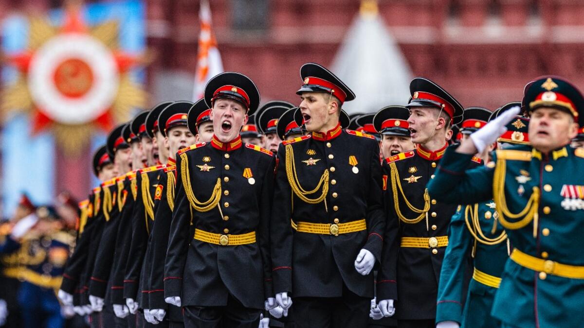 Russian servicemen march along Red Square during the Victory Day military parade in Moscow on May 9, 2021. Russia celebrates the 76th anniversary of the victory over Nazi Germany during World War II