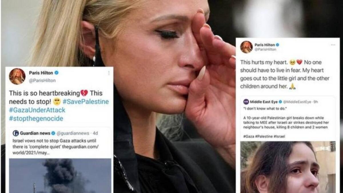 باريس هيلتون: دعت نجمة تلفزيون الواقع الى وقف الإبادة الجماعية وإنقاذ فلسطين، كما شاركت مقطع فيديو لطفلة فلسطينية تبكي بعد تدير منزلها لكنها قامت بحذفه بعد ساعات قليلة في خطوة قوبلت بالدهشة من قبل أنصار القضية الفلسطينية.